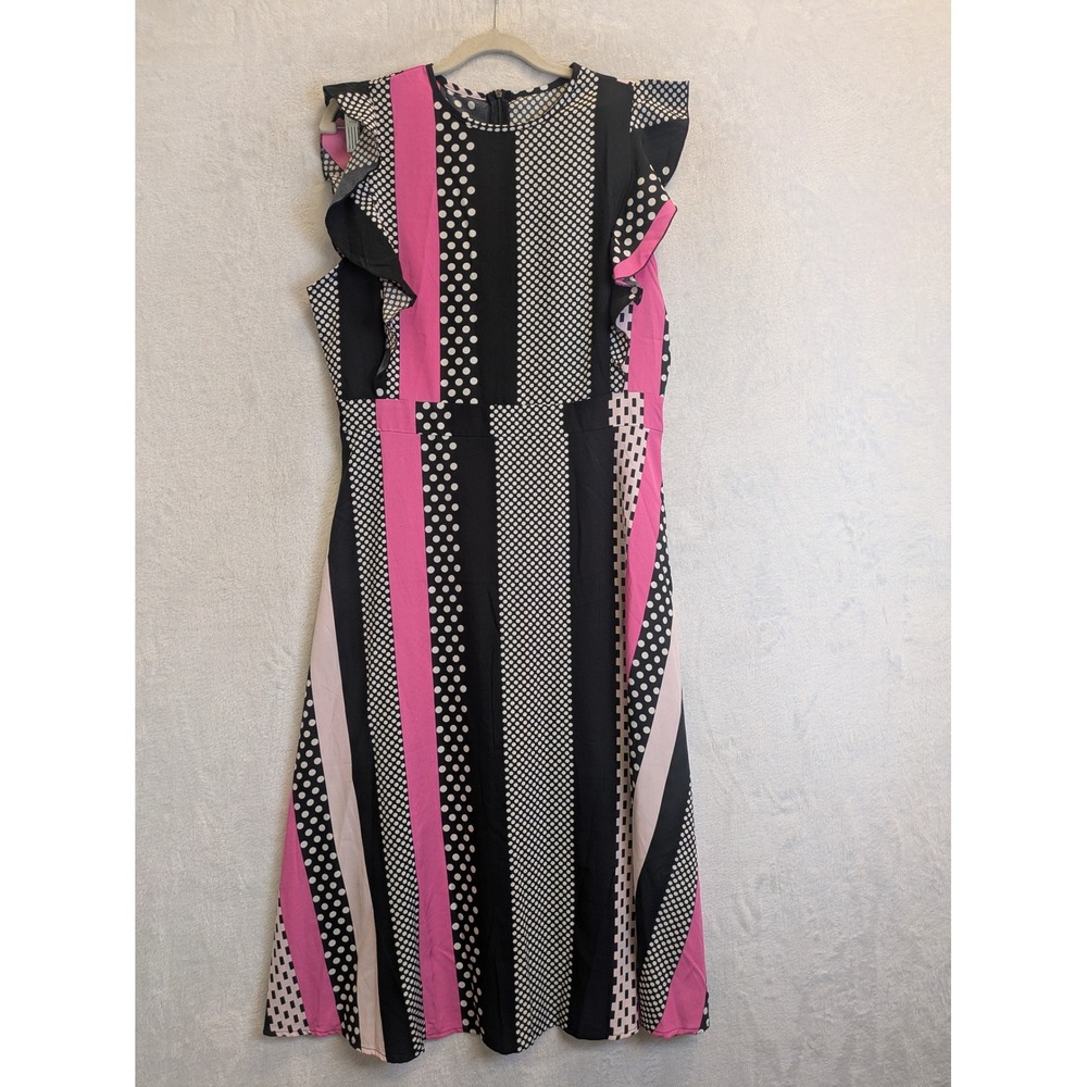 SHEIN Women's Large Black Pink White Polka Dot Stripe Ruffle Midi Dress